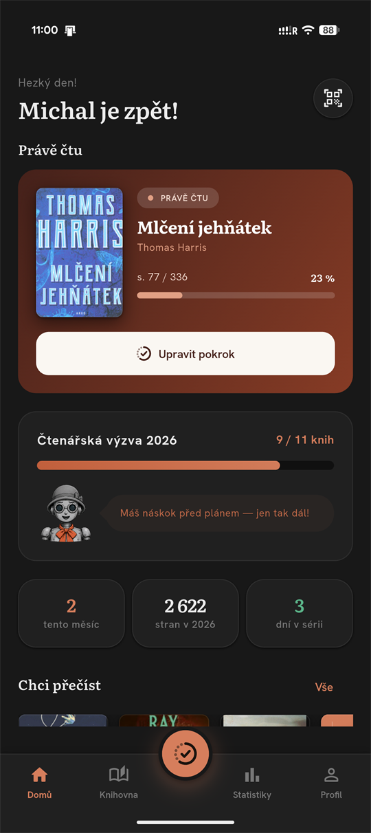 Domovská obrazovka Čappky s právě čtenou knihou a čtenářskou výzvou