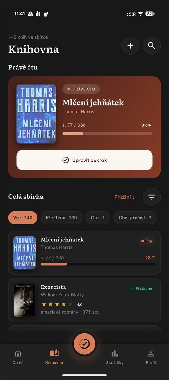 Knihovna s policemi Čtu, Přečteno a Chci přečíst